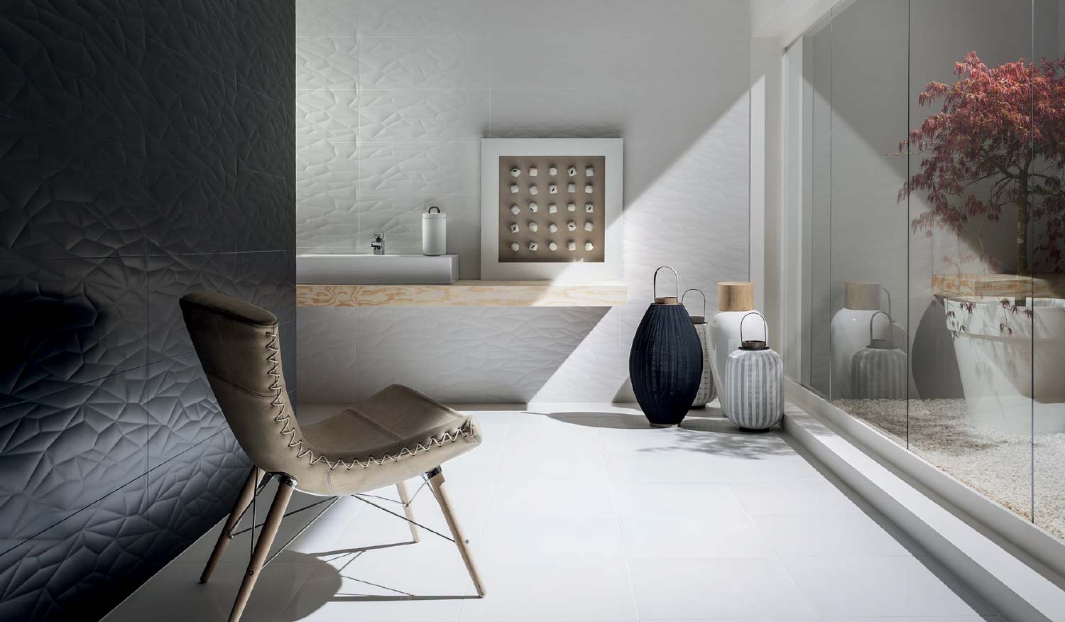 black and white office tiles showroom